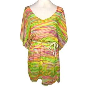 NWT BECCA Multicolor Abstract Striped Medium/Large Sheer Swim Beach Cover-Up